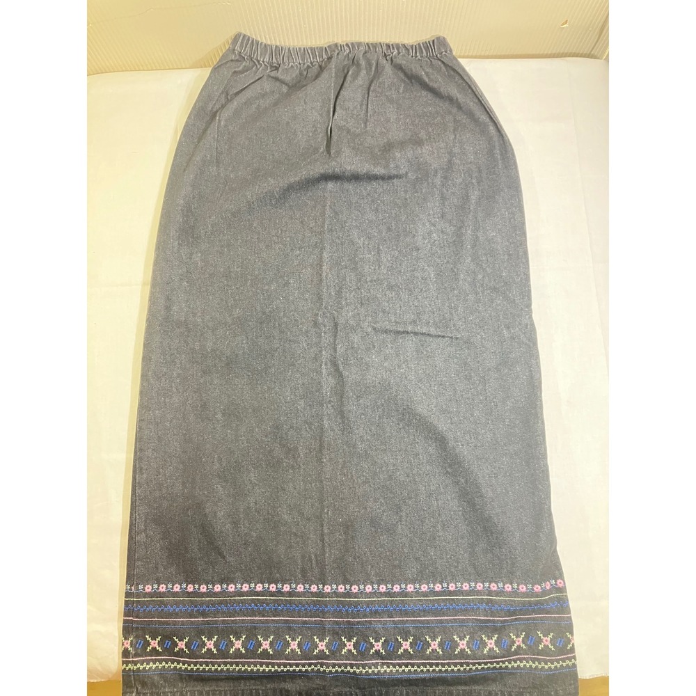 Denim & Co Womens Gray Cotton Embroidered Hem Maxi Skirt Elastic Waist Small